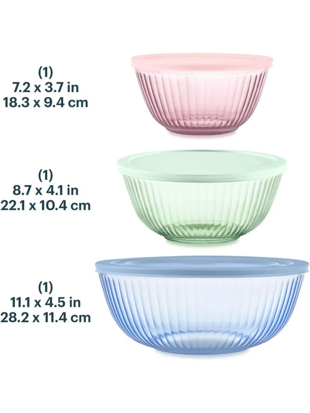 Colorful Sculpted Tinted Glass Mixing Bowls Set with Lids - 3-Pack Kitchen